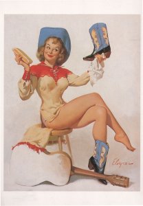 Cowgirl Western Cowboy Lady Polishing Shoes Painting Postcard