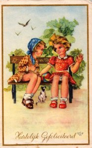 Two Cute Girls On A Bench Vintage Postcard 09.88