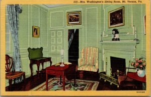 Vtg 1940's Mrs Washington's Sitting Room Mt Vernon Virginia VA Linen Postcard