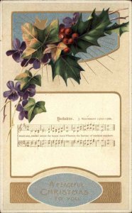 Christmas Yorkshire Sheet Music Flower Holly Border c1910 Vintage Postcard