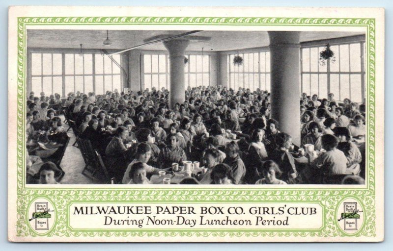 2 Postcard MILWAUKEE PAPER BOX COMPANY, WI ~ Lunch GIRLS CLUB Dining c1920s Room 