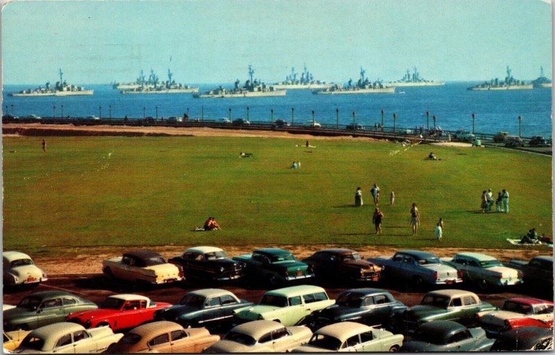 US Navy Ships old cars Long Beach California Postcard 1959