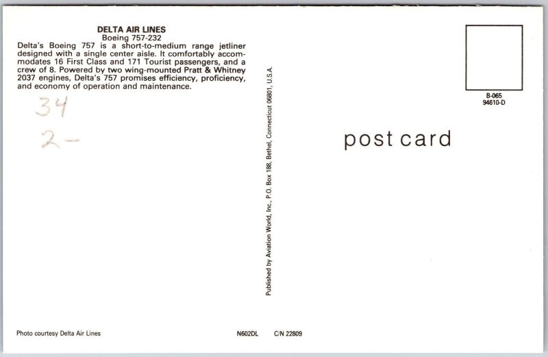 Airplane Delta Air Lines Boeing 757-232 Short to Medium Range Jetliner Postcard