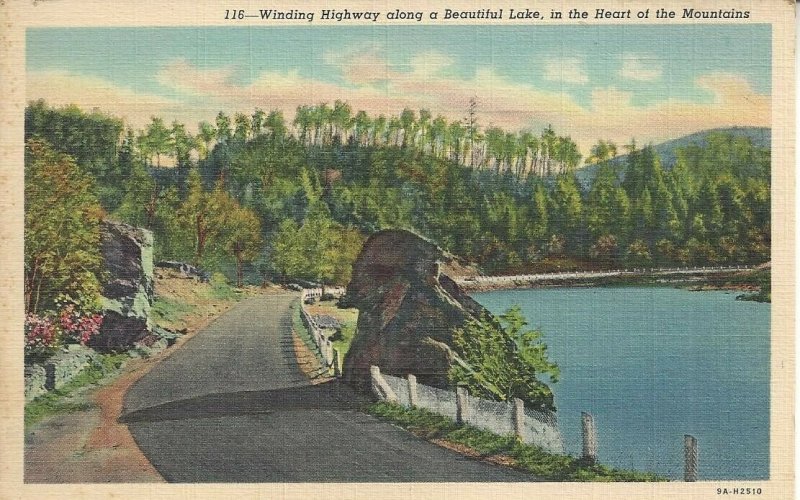 Winding Highway Along a Beautiful Lake, in Mountains Vintage Linen Postcard  