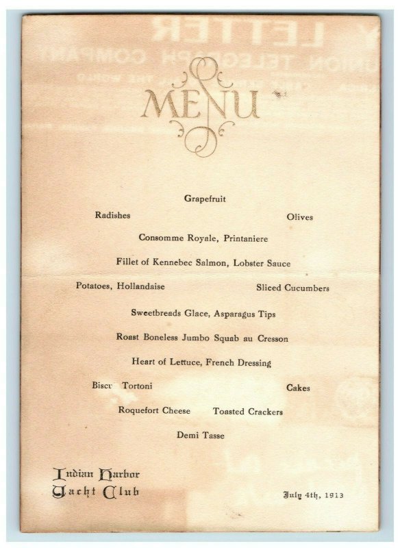 1913 Indian Harbor Yacht Club Dinner Menu Vintage Original 