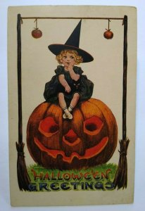 Vintage Halloween Postcard Little Witch Sits On GIANT Pumpkin Series 182 Ullman  