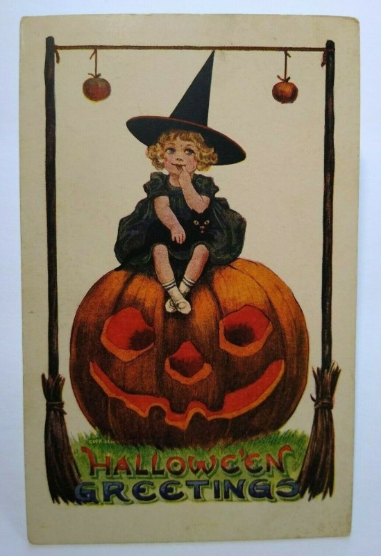 Vintage Halloween Postcard Little Witch Sits On GIANT Pumpkin Series 182 Ullman  