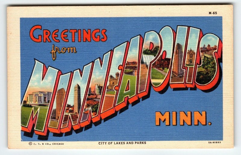 Greetings From Minneapolis Minnesota Large Big Letter Postcard Linen Curt Teich
