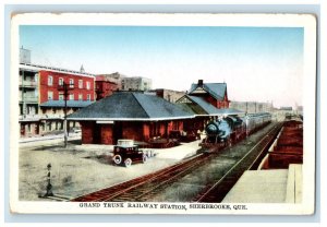 c1920's Train, Grand Trunk Railway Station Sherbrooke Quebec Canada Postcard