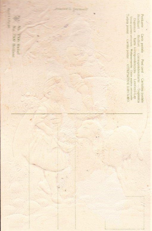 Easter card with two children and a lamb, Embosed