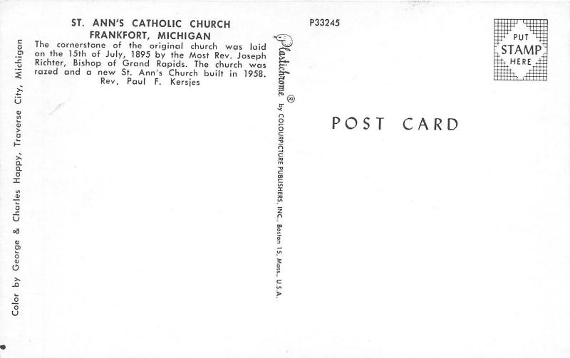 Frankfort Michigan~St Ann's Catholic Church~Rebuilt 1958~Postcard