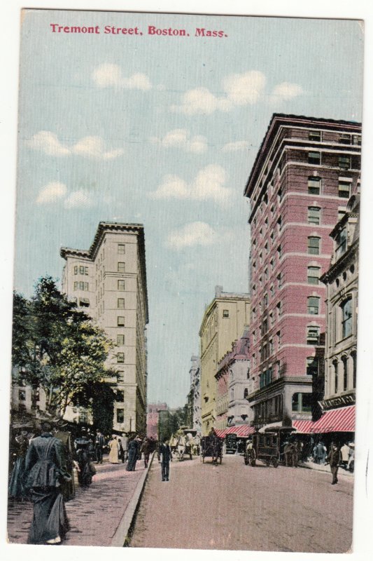 P2474, old postcard tremont street view boston mass horses & wagons people etc