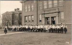 RPPC High School Building Girls Uniforms Teacher c1920s  Postcard V12