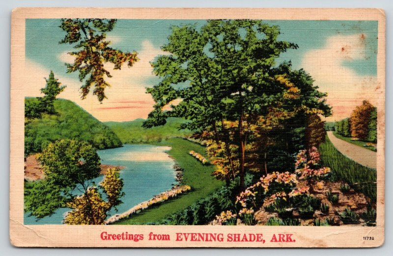 Evening Shade Arkansas~Rural Road by Stream~Flower Banks~1940s Linen Postcard 