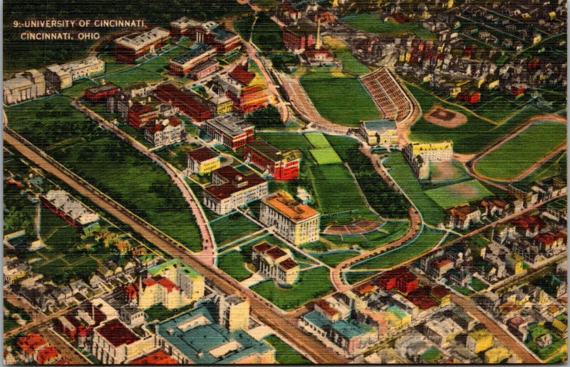 Vtg 1940s Aerial View University Of Cincinnati Ohio OH Linen Postcard