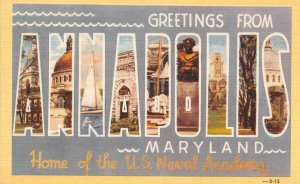 ANNAPOLIS Maryland Large Letter Linen US Naval Academy c1940s Vintage Postcard