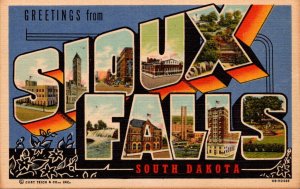 South Dakota Greetings From Sioux Falls Large Letter Linen 1952 Curteich