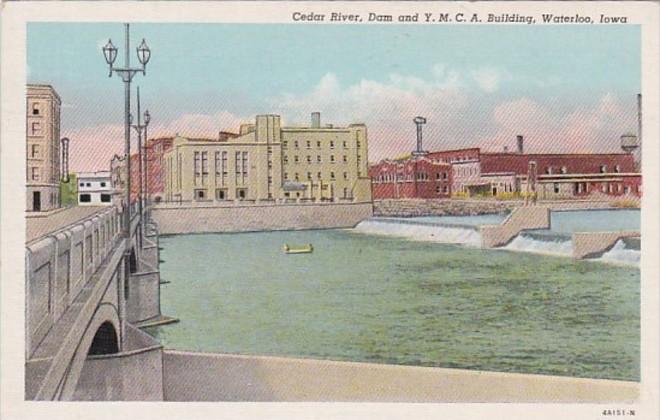 Iowa Waterloo Cedar River Dam & Y M C A Building Curteich