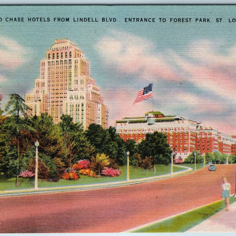 c1940s St. Louis, MO Entrance Forest Park Plaza Chase Hotel Roadside Street A203