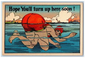 c1930's Woman Drowning Hope You'll Turn Up Here Soon Unposted Vintage Postcard 