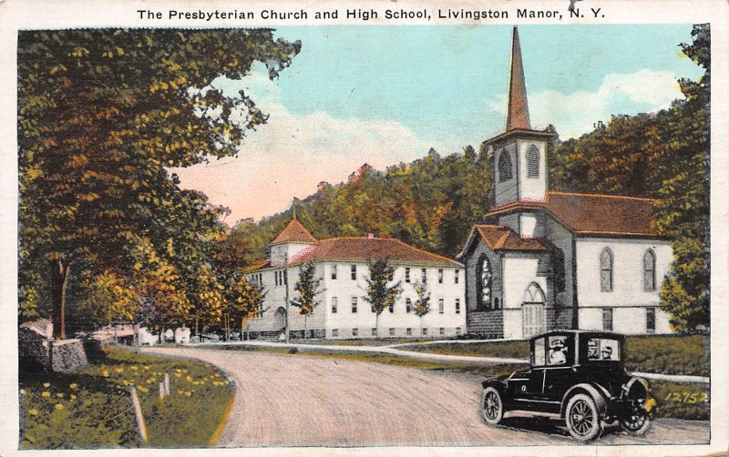 The Presbyterian Church & High School, Livingston Manor, N.Y., Early Postcard