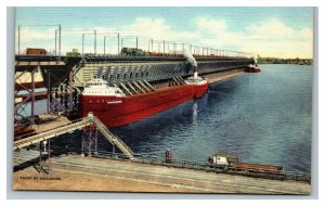 Vintage 1940's Postcard Cargo Ship Loading Ore in Ore Docks Lake Michigan