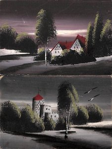 Unit of 2 hand-drawn vintage postcards landscapes with house and castle