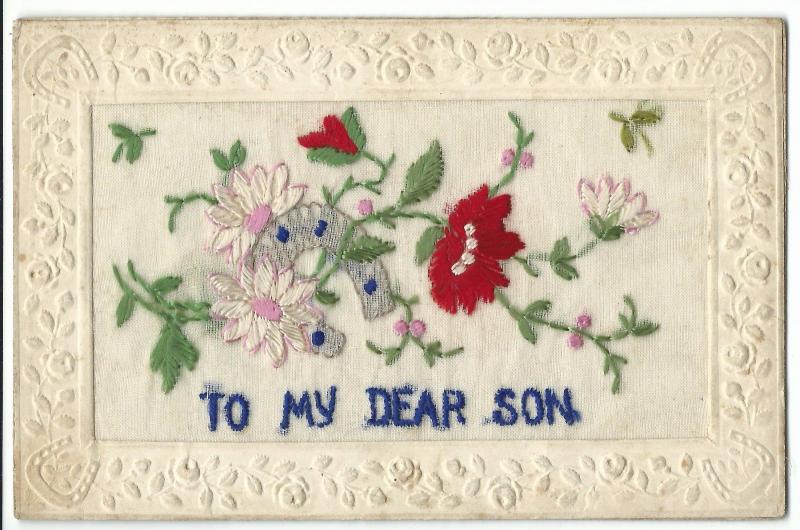 WW1 Silk Embroidered PC, To My Dear Son, Flowers & Lucky Horseshoe