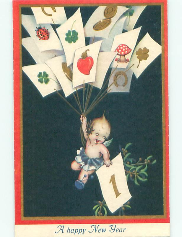 Unused Pre-Linen new year foreign CHERUB SPRITE HOLDING CALENDAR DATE J4249