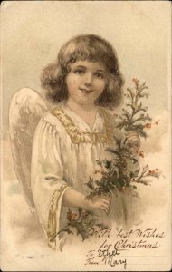 Christmas Little Girl Angel with Holly c1910 Vintage Postcard