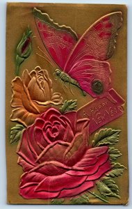 Portland Oregon OR Postcard New Year Flowers Butterfly Airbrushed c1910's Posted