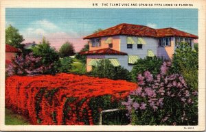 Flame Vine Spanish Type Home Florida FL Linen Postcard VTG UNP Curt Teich Unused 