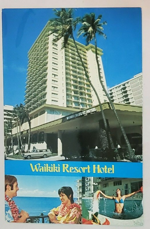 Vtg.PC: Waikiki Resort Hotel- 3 views -car in front, girl in pool, balcony.