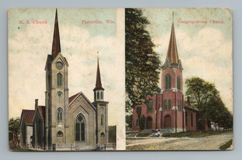 Platteville M. E. Church Congregational Church Wisconsin Postcard 