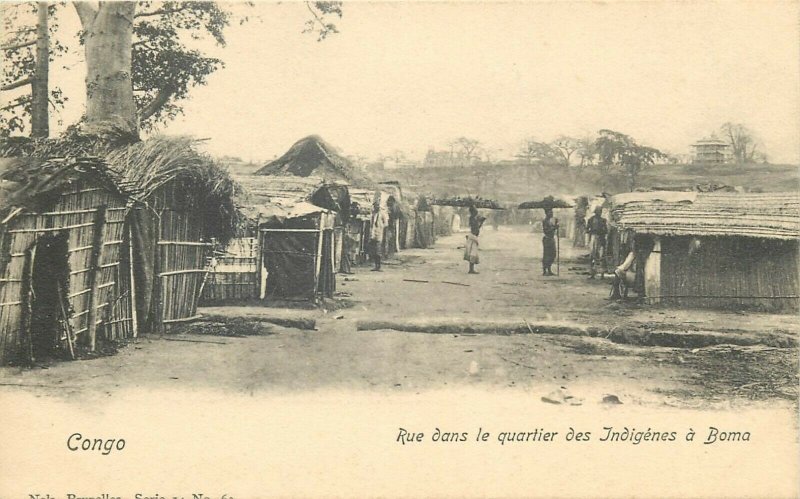 Belgian Congo Belge Boma natives quarter ethnic life village scene postcard