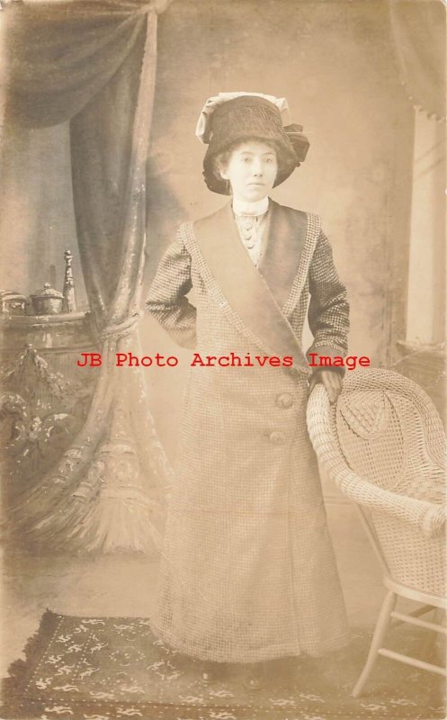 Unknown Location, RPPC, Studio Shot, Woman wearing Long Coat & Fancy Hat