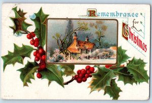 Christmas Postcard House Winter Scene Holly Berries Embossed Independence KS