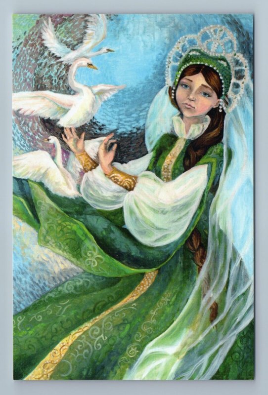 FROG PRINCESS with SWAN BIRDS Fairy Tale Ethnic Folk Girl Russian New Postcard