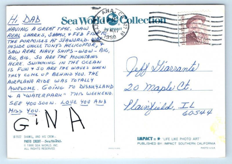 SEA WORLD, San Diego CA ~ SHAMU & CREW Furry Killer Whale 1990 ~ 4x6 Postcard