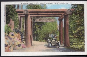 Washington Entrance to Mt. Rainer National Park with old car - White Border