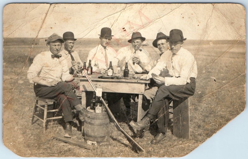 c1910s Cool Group Men Playing Cards RPPC Outdoors Drink Smoke Mafia Gang PC A184