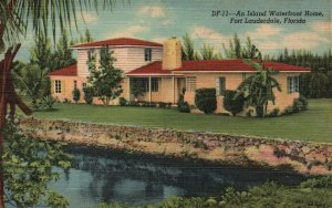 Vintage Postcard 1952 Island Waterfront Home Fort Lauderdale Florida Gulf Stream