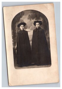 Vintage 1910's RPPC Postcard - Studio Portrait Two Women in Black Freaky Hair