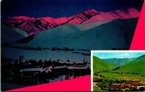 Alpenglow Night View Inset Day View Sun Valley ID Idaho UNP Chrome Postcard A9