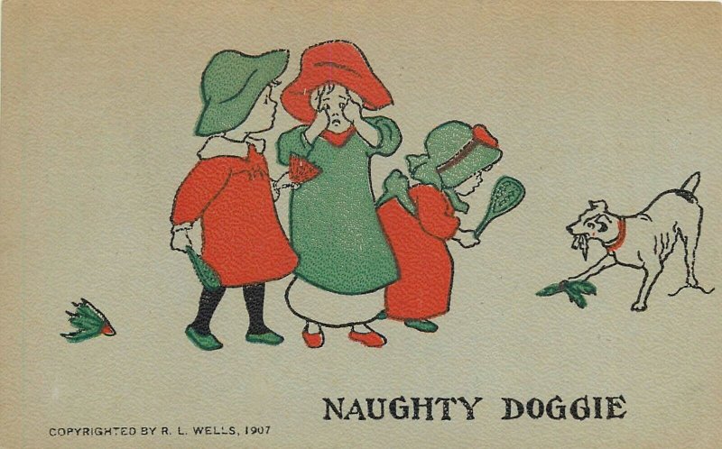 Postcard 1907 Arts & Crafts Children Naughty Dog Wells TP24-1141