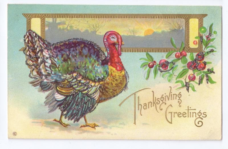 Thanksgiving Turkey Postcard Glitter added Gilt Cranberries Landscape Embossed