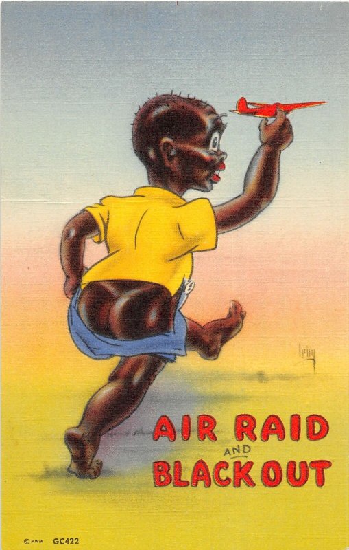 F73/ Black Americana Postcard Linen Comic Air Raid Butt Blackout Airplane 23