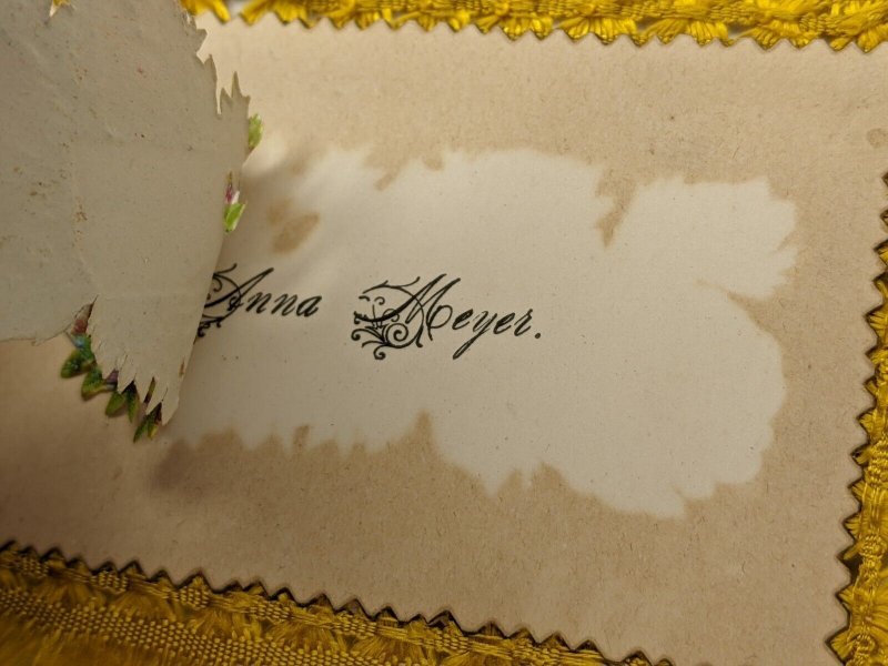 c1880s Anna Meyer Name Calling Card Silk Fringe Embossed Hand Die Cut C34