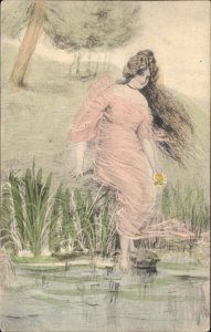 A/s ED Beautiful Young Woman Wading Sheer Clothing Risque c1910 PC