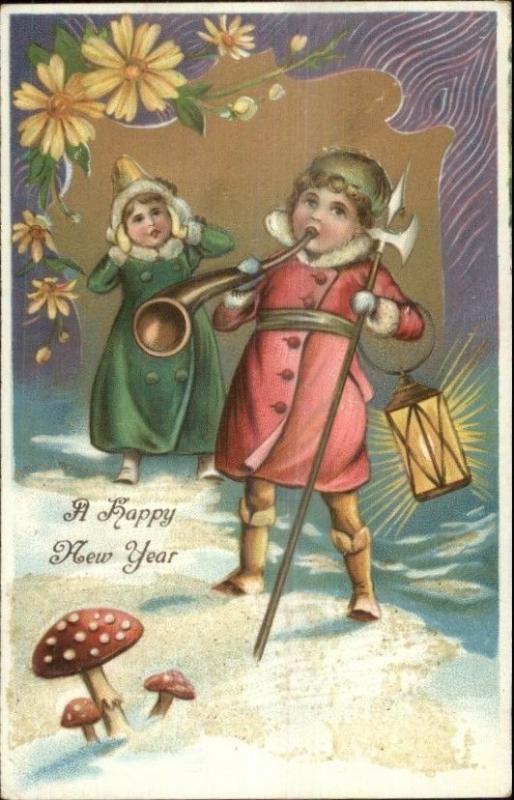 New York - Boy w/ Trident Blowing Horn - Light Glitter c1910 Postcard